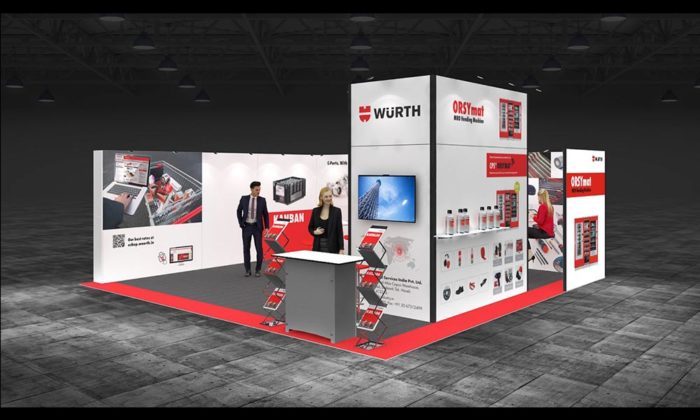 Digital rendering of a proposed WÜRTH trade show booth design featuring an "ORSYmat" vending display and staff mockups (design visual, not a live photo).