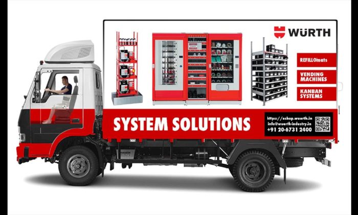 Design rendering of a WÜRTH-branded truck advertising "System Solutions" vending machines and Kanban systems.